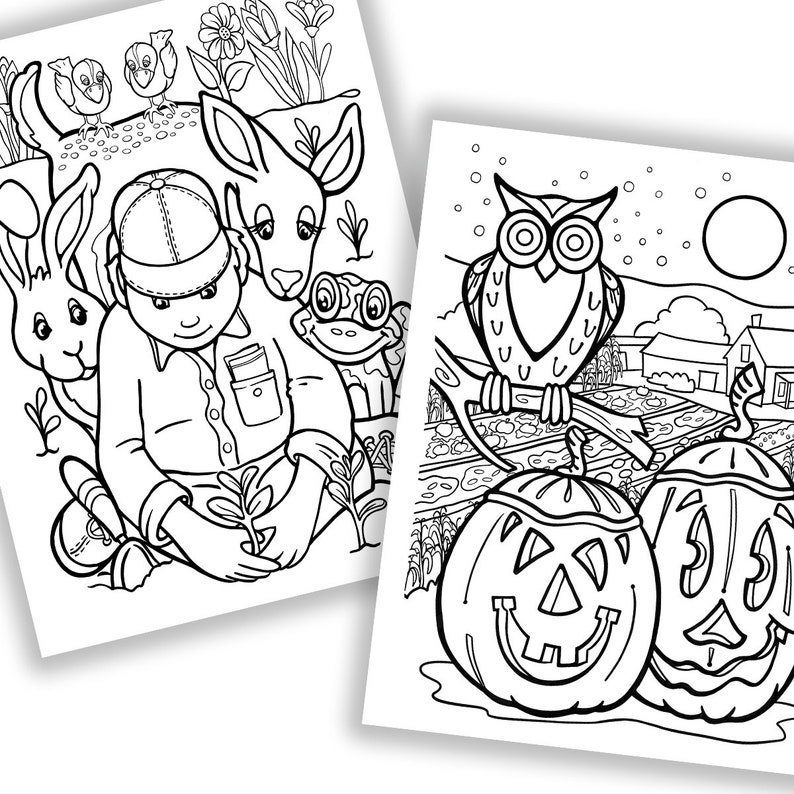 May include: Two black and white colouring pages. One depicts a boy with a rabbit, birds, a deer, and a frog. The other shows an owl above two carved pumpkins, with a farm scene in the background.
