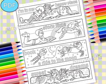 Unicorn Coloring Bookmarks, Kids Reading, Printable, PDF