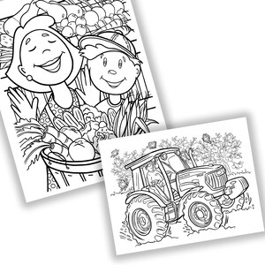 May include: Two black and white colouring pages. One depicts a woman and a boy with a basket of vegetables and fruits. The other shows a tractor with a person driving it, with trees and butterflies in the background.