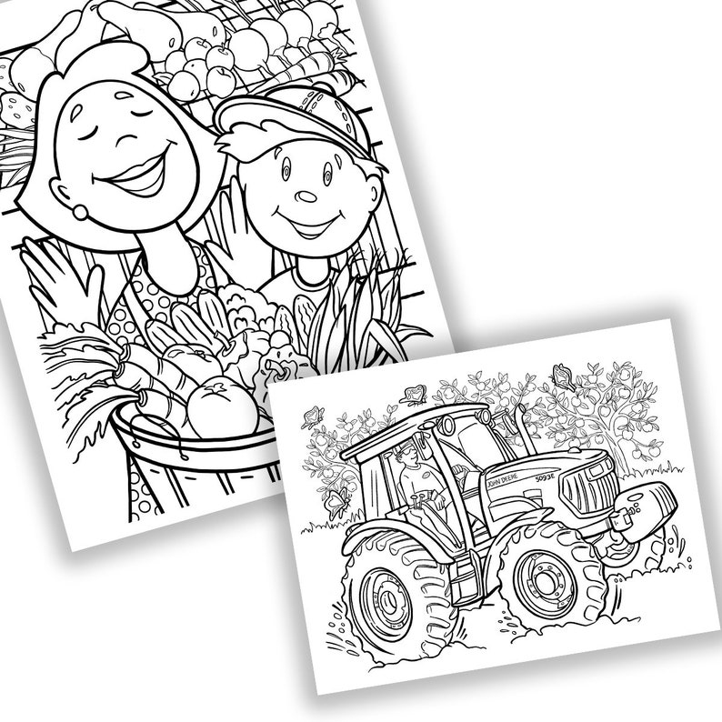 May include: Two black and white colouring pages. One depicts a woman and a boy with a basket of vegetables and fruits. The other shows a tractor with a person driving it, with trees and butterflies in the background.