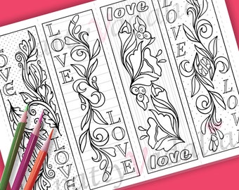 Valentine Bookmarks, Love Inspired, Gift for Friend, Set of 4, Downloadable PDF, Printable Coloring Page