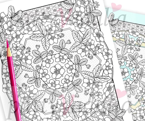 Download Strawberry Blossoms Botanical Coloring Page Floral Mandala Etsy