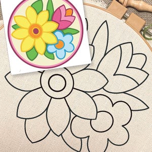 Pode incluir: Um padrão de bordado preto e branco de um desenho floral com três flores. O padrão está em um tecido bege.