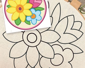 Patroon lentebloemen, pdf direct download, kleurengids, rastergids, perforatornaald, vloerkleed vasthaken, borduurwerk