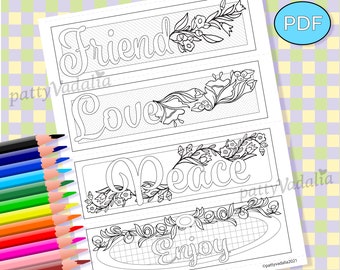 Friendship Coloring Bookmarks, Set of 4, Friend, Love, Peace, Enjoy, Printable PDF