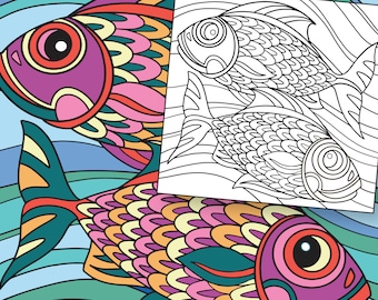 Twin Fish Pattern, Punch Needle, Rug Hooking, DIGITAL Download, Resizable Line Art, Colored Reference Page