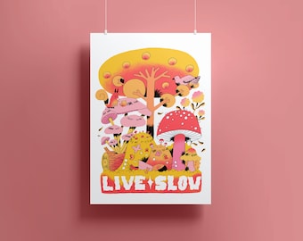 Live slow A3/A4 print | High quality digital print | Original illustration | Gift for foragers | Botanical poster