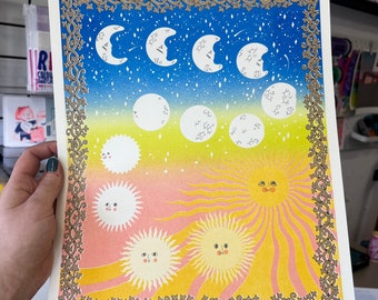 Sunrise In Space 6 layer risograph print | Original illustration