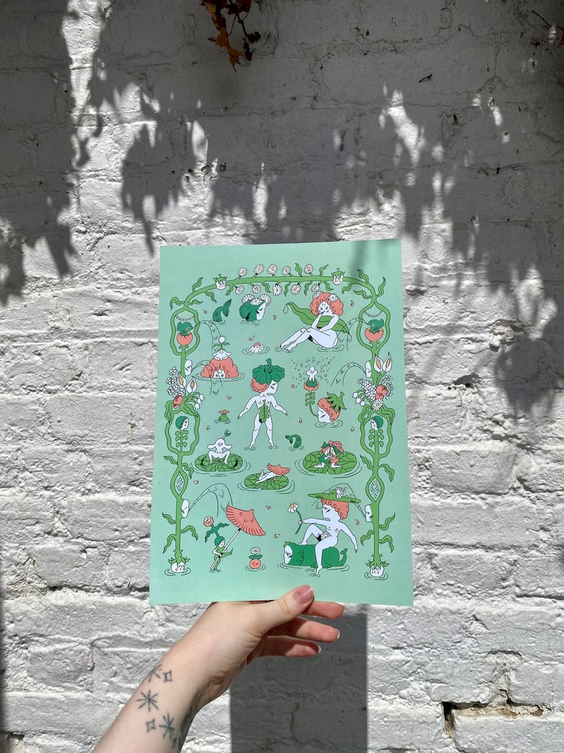 May include: A green and white print featuring a whimsical illustration of figures in a garden setting. The figures are surrounded by flowers, leaves, and vines. The print is on a light green background.