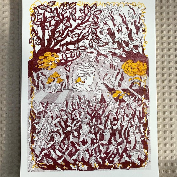 Forêt II | Impression Riso 2 couleurs A4 de haute qualité | Illustration originale