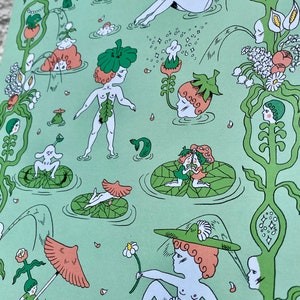 May include: A whimsical illustration featuring nude figures with floral and plant motifs on a green background. The figures are surrounded by flowers, leaves, and other natural elements. The illustration is a vibrant and colorful depiction of nature.