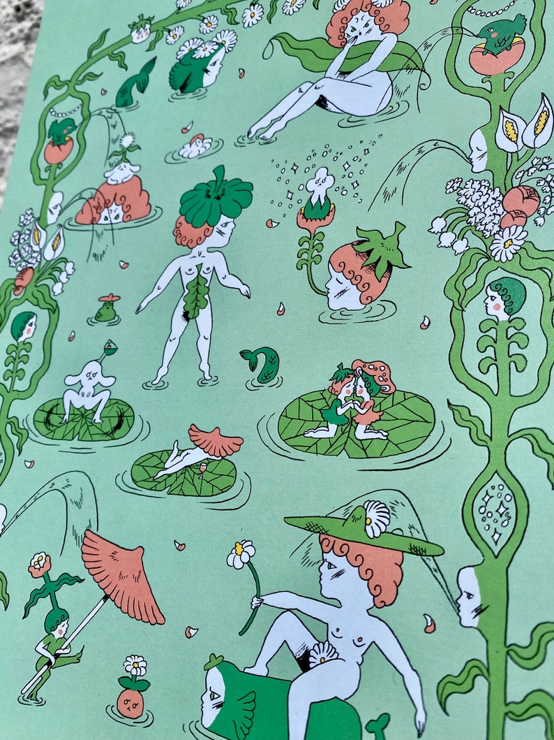 May include: A whimsical illustration featuring nude figures with floral and plant motifs on a green background. The figures are surrounded by flowers, leaves, and other natural elements. The illustration is a vibrant and colorful depiction of nature.