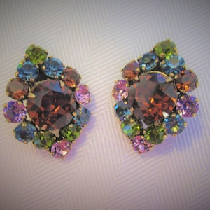 Stunning SCHREINER New York Clip-on Earrings – Signed, Multi-color Rhinestones