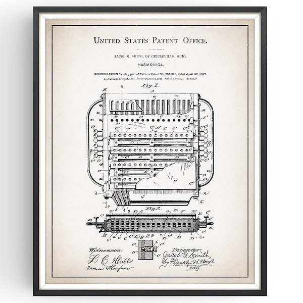 HARMONICA - 1897 - Patent Print - Harmonica Art - Harmonica Gift - Vintage Harmonica - Harmonica Decor - Musician Gift - Unframed