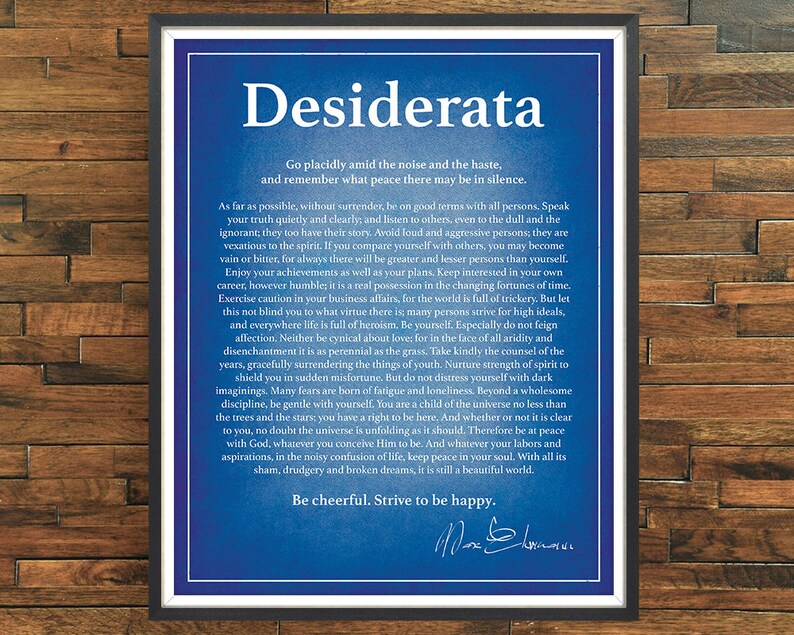 Impression Desiderata Poème Desiderata Poster Desiderata Cadeau de remise des diplômes Citation inspirante Impression littéraire Décoration d'intérieur Sans cadre Aged Blue