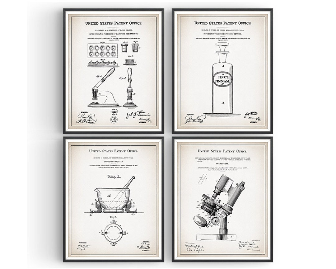Pharmacy Patent Print Set of 4 Chemist Decor Medical Student Wall Art