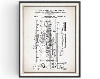 FLUTE - 1908 - Patent Print - Flute Art - Flute Gift - Vintage Flute - Flautist Gift - Home Decor - Gift for Musician - Music Art - Unframed