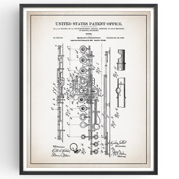 FLUTE - 1908 - Patent Print - Flute Art - Flute Gift - Vintage Flute - Flautist Gift - Home Decor - Gift for Musician - Music Art - Unframed