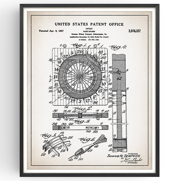 DARTBOARD - 1937 - Patent Print - Pub Games Print - Bar Art - Darts Player Gift - Dart Board Art - Man Cave Gift - Dart Board - Unframed