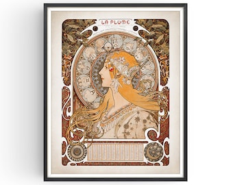 La Plume - 1897 - Alphonse Mucha Print - Art Nouveau Print - Bohemian Art - Gypsy Woman - Horoscope Print - Zodiac Gifts - Unframed