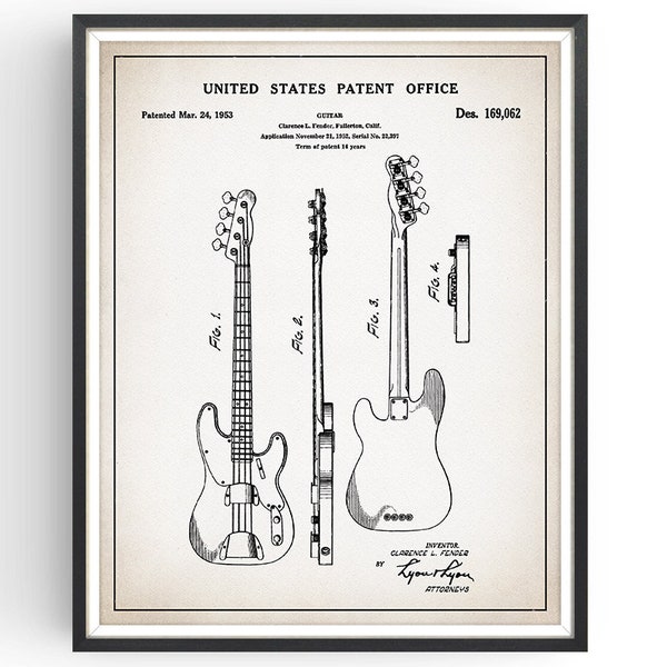 FENDER P-BASS - 1953 - Patent Print - Fender Precision Bass - Guitar Gift - Fender Bass - Fender Art - Gift for Bass Player - Unframed