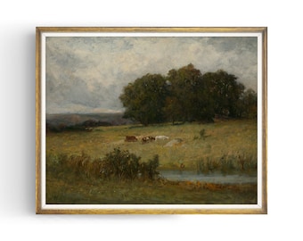 Landscape Painting - Country Landscape c. 1800 - Farmhouse Decor - Cottage Decor - Cattle Print - Cow - Fine Art Print - Unframed - PL123