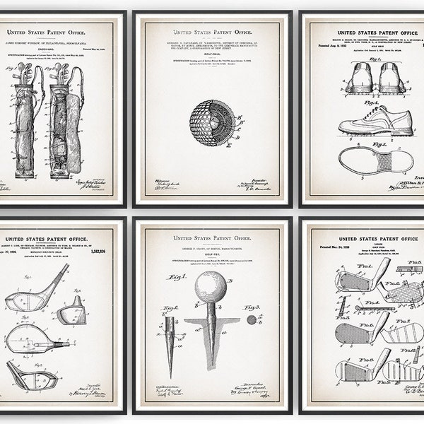 Golf Patent Prints - Set of 6 - Golfing Prints - Golf Decor - Golf Art - Golf Gift for Men - Golf Retirement Gift - Wall Art - Unframed