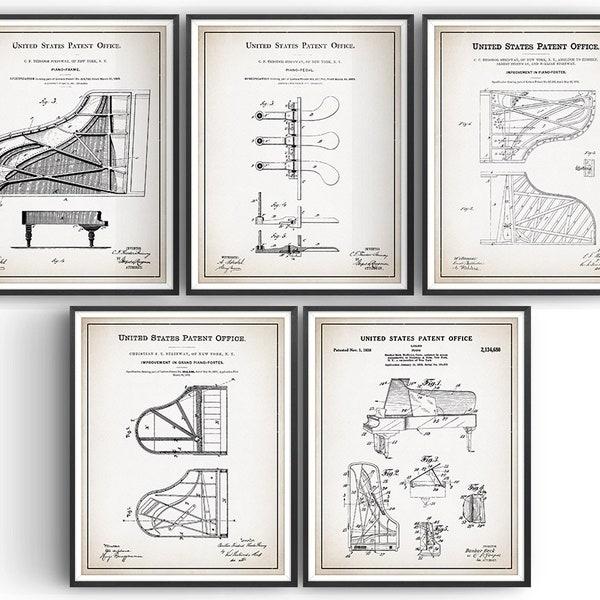 Steinway Piano Patent Prints - Set of 5 - Steinway Piano - Grand Piano - Music Room Decor - Music Teacher Gift - Pianist Gift - Unframed