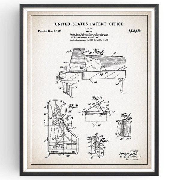 Steinway 1938 Piano Patent Print - Steinway Piano - Grand Piano - Music Room Decor - Music Teacher Gift - Pianist Gift - Unframed