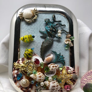 Framed mermaid under the sea original art, vintage jewelry, seashells, 5 X 6” home decor OOAK birthday gift anniversary gift Mother’s Day