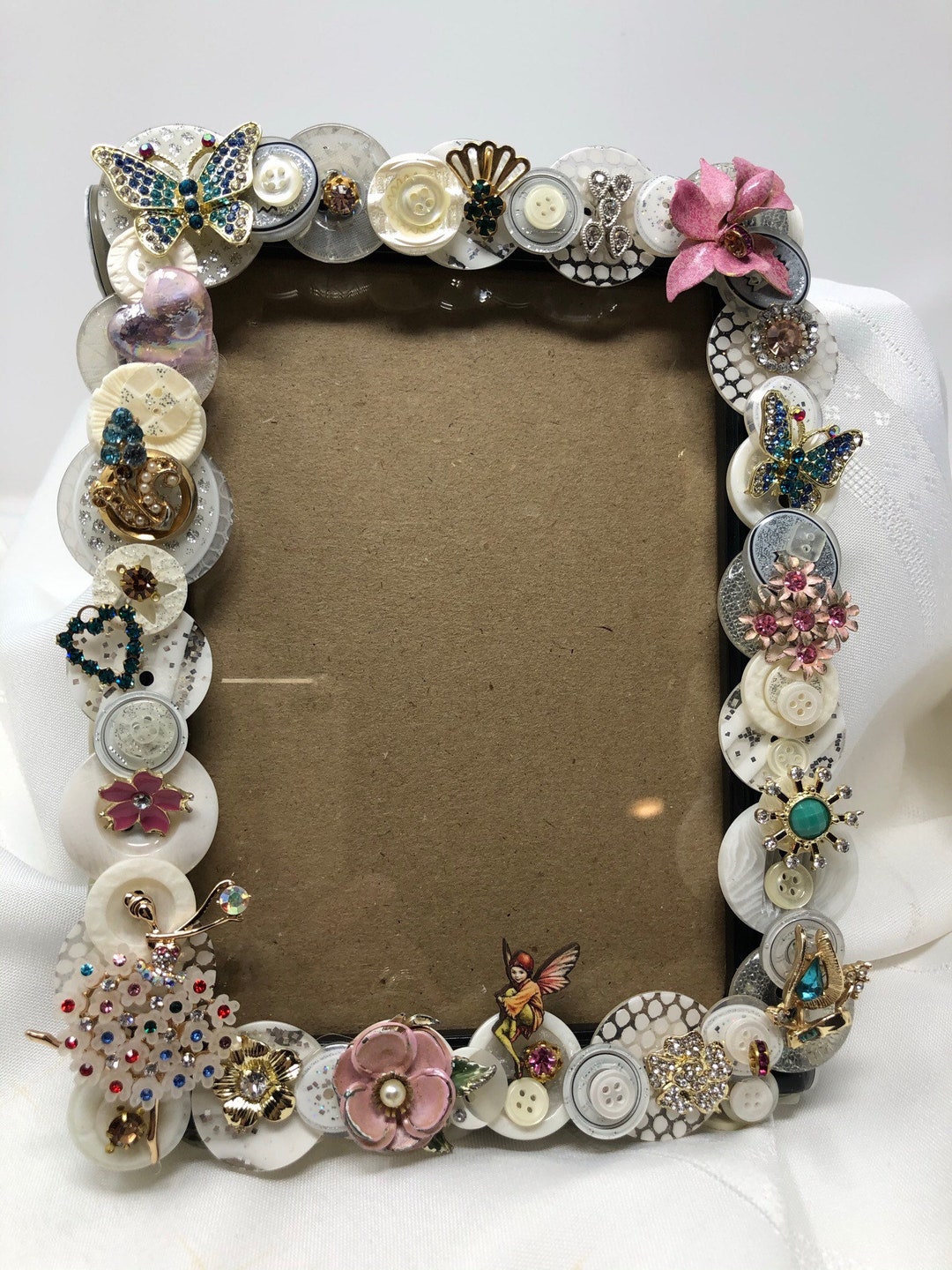 Vintage Jewelry Decorated Picture Frame Pink and White, 8x6 Flowers