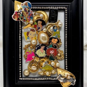 Disney Princesses jewelry art collage, framed, OOAK birthday gift baby gift Christmas gift wedding gift anniversary gift