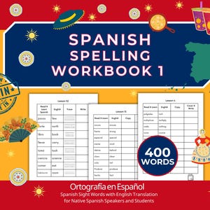 Może przedstawiać: Hiszpański zeszyt do pisowni zatytułowany "Spanish Spelling Workbook 1". Okładka zawiera ilustracje hiszpańskich elementów kulturowych, w tym gitarę, wachlarz i pieczątkę "Made in Spain". Zeszyt zawiera 400 słów.