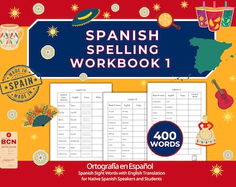 Op de afbeelding: Een Spaanse spellingwerkboek met de titel "Spanish Spelling Workbook 1". De omslag toont illustraties van Spaanse culturele elementen, waaronder een gitaar, een waaier en een "Made in Spain" stempel. Het werkboek bevat 400 woorden.