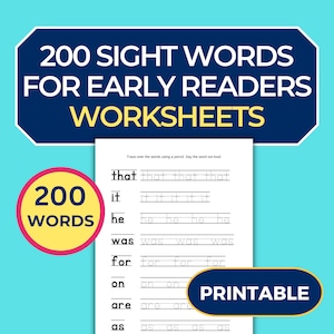 Op de afbeelding: Een printbaar werkblad met de tekst "200 zichtwoorden voor beginnende lezers Werkbladen" bovenaan. Het werkblad heeft een sectie voor het traceren van de woorden "that", "it", "he", "was", "for", "on", "are" en "as".