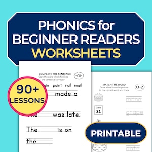 May include: A printable worksheet for beginner readers featuring phonics lessons. The worksheet includes a section for completing sentences by choosing the correct word with the -ai- sound and a section for matching words to pictures with the a-e sound. The worksheet also includes the text "90+ LESSONS" and "PRINTABLE".