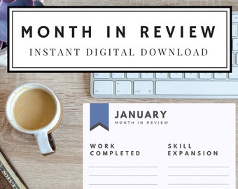 Month in review printable blue accents, monthly career assessment, digital download, planner pages