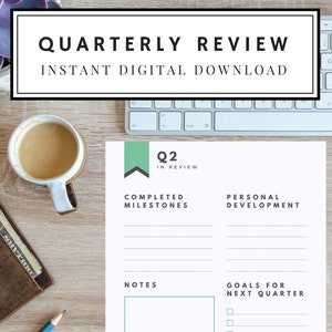May include: A printable quarterly review planner with sections for completed milestones, personal development, notes, and goals for the next quarter. The planner has a green and white color scheme and the text "Q2 in Review" at the top.