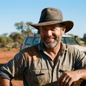 May include: A man wearing a brown leather hat and a button-down shirt smiles outdoors. The hat has a braided band. A vehicle is in the background, and the landscape is arid with red soil and sparse vegetation.