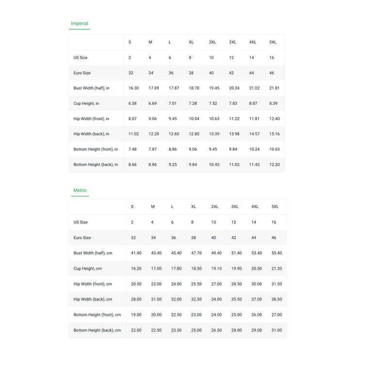 Queen of Spades Bikini size chart.