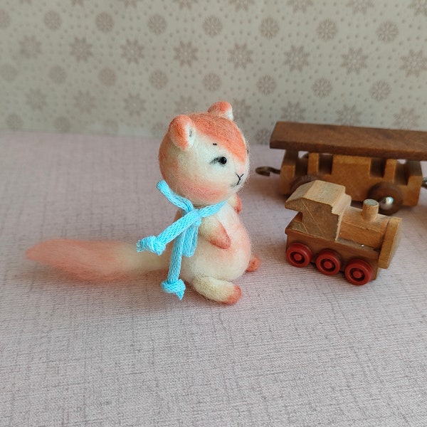 Miniature needle felted White cat with blue bow