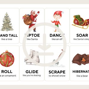 Puede incluir: Un conjunto de ocho tarjetas ilustradas con tem&aacute;tica navide&ntilde;a con texto. Las tarjetas presentan im&aacute;genes de un &aacute;rbol de Navidad, Pap&aacute; Noel, un elfo, un trineo, un adorno, patines de hielo, nieve y un oso, con palabras de acci&oacute;n.