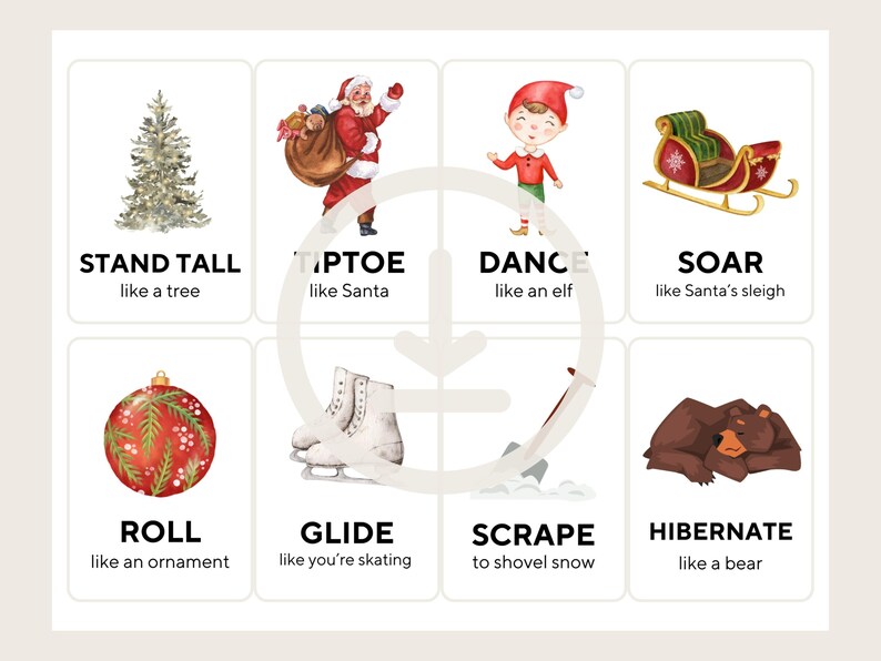 Puede incluir: Un conjunto de ocho tarjetas ilustradas con tem&aacute;tica navide&ntilde;a con texto. Las tarjetas presentan im&aacute;genes de un &aacute;rbol de Navidad, Pap&aacute; Noel, un elfo, un trineo, un adorno, patines de hielo, nieve y un oso, con palabras de acci&oacute;n.