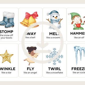 Puede incluir: Un conjunto de ocho tarjetas ilustradas con im&aacute;genes y texto con tem&aacute;tica invernal. Las tarjetas presentan un par de botas azules, campanas doradas, un mu&ntilde;eco de nieve, un elfo, una estrella, un &aacute;ngel, un copo de nieve y car&aacute;mbanos. Cada tarjeta tiene una palabra y una frase.