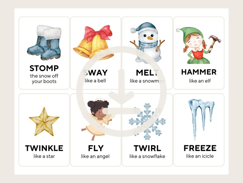 Puede incluir: Un conjunto de ocho tarjetas ilustradas con im&aacute;genes y texto con tem&aacute;tica invernal. Las tarjetas presentan un par de botas azules, campanas doradas, un mu&ntilde;eco de nieve, un elfo, una estrella, un &aacute;ngel, un copo de nieve y car&aacute;mbanos. Cada tarjeta tiene una palabra y una frase.