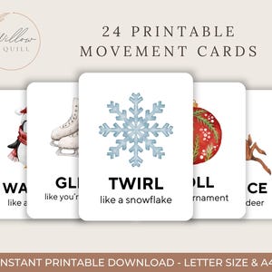 Puede incluir: Un conjunto de 24 tarjetas de movimiento imprimibles con ilustraciones de tem&aacute;tica invernal. Las tarjetas presentan un ping&uuml;ino, patines de hielo, un copo de nieve, una bola de Navidad y un ciervo. El texto incluye "Gira como un copo de nieve".