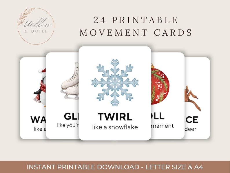 Puede incluir: Un conjunto de 24 tarjetas de movimiento imprimibles con ilustraciones de tem&aacute;tica invernal. Las tarjetas presentan un ping&uuml;ino, patines de hielo, un copo de nieve, una bola de Navidad y un ciervo. El texto incluye "Gira como un copo de nieve".