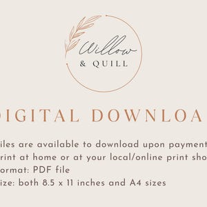 Puede incluir: Gr&aacute;fico de descarga digital con el texto "Willow & Quill" en un dise&ntilde;o circular. El texto "DESCARGA DIGITAL" est&aacute; debajo del logotipo. La imagen tambi&eacute;n incluye detalles sobre la disponibilidad de archivos, opciones de impresi&oacute;n, formato y tama&ntilde;os (A4).