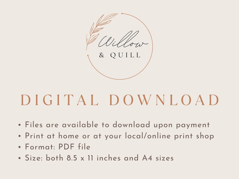 Puede incluir: Gr&aacute;fico de descarga digital con el texto "Willow & Quill" en un dise&ntilde;o circular. El texto "DESCARGA DIGITAL" est&aacute; debajo del logotipo. La imagen tambi&eacute;n incluye detalles sobre la disponibilidad de archivos, opciones de impresi&oacute;n, formato y tama&ntilde;os (A4).