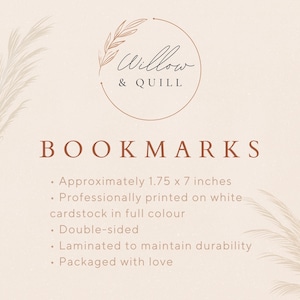 Puede incluir: Un conjunto de marcap&aacute;ginas con un dise&ntilde;o minimalista que presenta un dibujo simple de una rama con hojas. El texto "Willow & QUILL" est&aacute; escrito en una fuente manuscrita dentro de un c&iacute;rculo. El texto "BOOKMARKS" est&aacute; escrito en una fuente grande y en negrita. Los marcap&aacute;ginas miden aproximadamente 4,4 cm por 17,8 cm, est&aacute;n impresos en cartulina blanca, son de doble cara, est&aacute;n laminados y se empaquetan con amor.